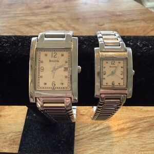 Bulova Dual Mens and Women’s Matching Rectangular Watch Set- Silver & White